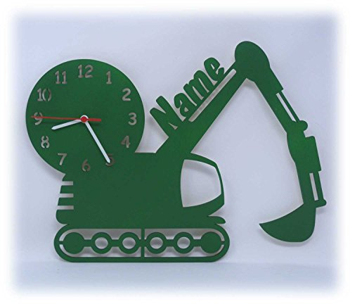 Spezial Wand Motiv Holz Uhr Bagger individuell mit Namen personalisiert Kinderzimmer Geschenk zum Geburtstag für Junge Jungs