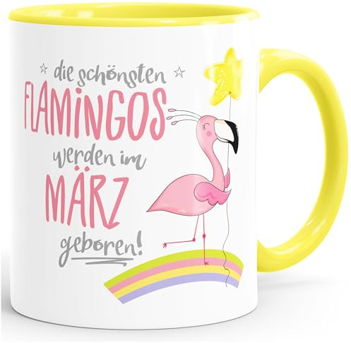 MoonWorks Geschenk-Tasse die schönsten Flamingos werden im (style_variation) geboren Geburtstags-Tasse Geburtstmonat Wunschmonat Kaffee-Tasse Hellgelb unisize
