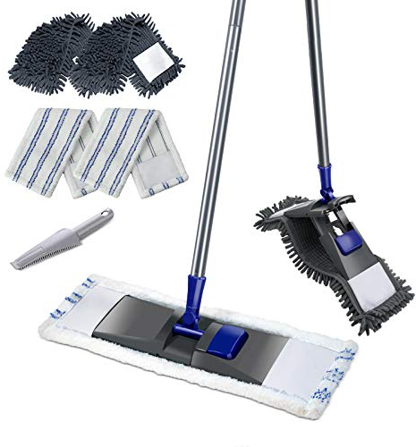 MASTERTOP Trapeador Profesional de Microfibra para Limpieza de Suelos, mopa húmeda y Seca con 4 Almohadillas Lavables reemplazables, Mango Extensible, mopa mágica para Madera Dura, Azulejos, Laminado