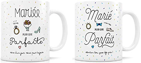 Label Tour, Créabisontine Lot de 2 Mugs en céramique Mariée Plus Que Parfaite et Marié Plus Que Parfait
