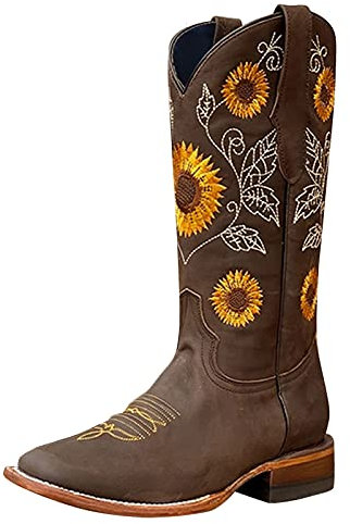 INLLADDY Girasole Stivali Da Cowboy Per Donna Vintage Punta Quadrata Tacco Grosso Stivali Da Cowgirl Fino A Metà Il polpaccio Con Linguette, caffè, 36 EU