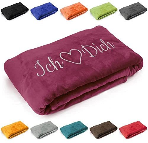 Kuscheldecke 'Ich Liebe Dich', Geschenk zu Valentinstag, Geburtstag, Hochzeitstag, hochwertig Bestickt, 200cm x 150cm extra weiche und gemütliche Sofadecke/Wohndecke, hochwertiges Fleece (Violett)