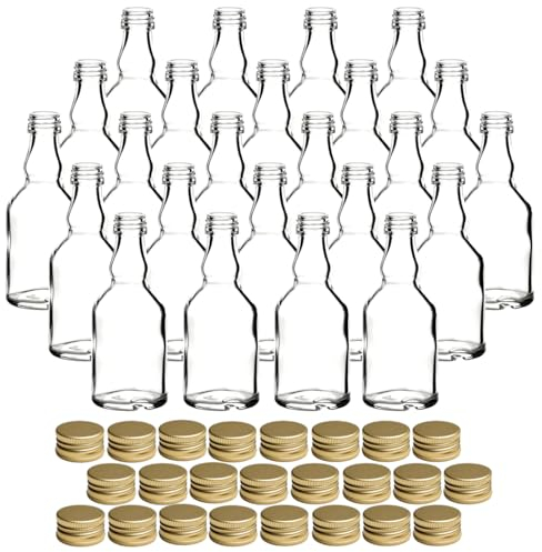 gouveo Set de 24 bouteilles en verre 50 ml Mina avec bouchon à vis doré - mini bouteille 0,05 l à remplir - bouteilles en verre pour liqueur, schnaps, huile ou pour l'artisanat (MFM050G)