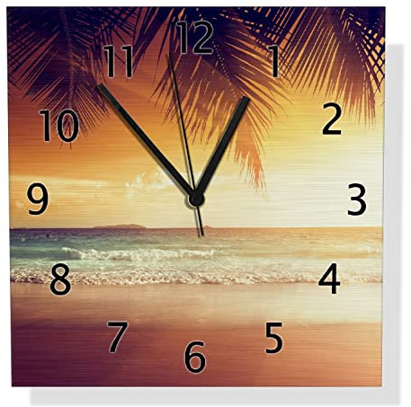 Wallario Design Wanduhr Sonnenuntergang am Strand in der Karibik aus Aluverbund, Alu-Uhr Größe 30 x 30 cm, Schwarze Zeiger mit Metalloptik