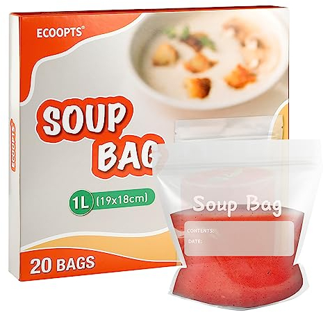 ECOOPTS Sealed Freezer Storage Bags 1 Litre Reusable Soup & Sauce Liquid Bags (Pack of 20)