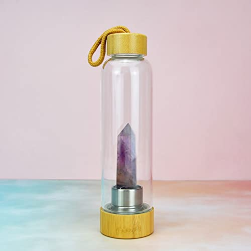 Crystal Infused Water Bottle Healing Natural Gemstone Energy Stone Water Cup with Bamboo Cover Removable Amethyst Gravel Quartz Glass Bottles (Color : Amethyst, Size : 500ml)