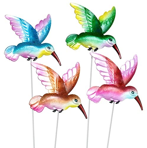 4 Pcs Hummingbird Garden Metal Stakes Set, 14 Inch Tall Hummingbird Decor, Metal Bird Decorative Garden Stakes for Lawn Pathway Patio Plant Pot Flower Bed (Colors)
