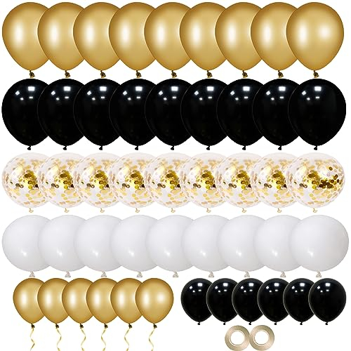70 Stück Schwarz-Gold Latex Ballons - Helium Luftballons mit Metallic Konfetti - Geburtstag, Hochzeit, Valentinstag, Taufe, Kommunion, Party Dekoration