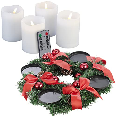 Britesta Advent Deko Kranz: Adventskranz mit rotem Schmuck, inkl. LED-Kerzen in weiß (Tischdekoration, Adventskranz künstlich geschmückt, Weihnachten)