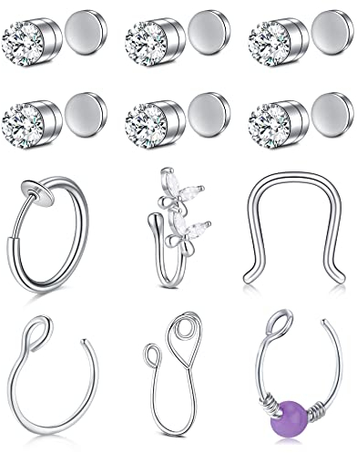 VF VFUN Fake Nasenring Fake Nasenpiercing Falsche Nasenstecker Faux Nose Ring Fake Ohr Helix Cartilage Lippe Piercing Ring 12Stück Silber
