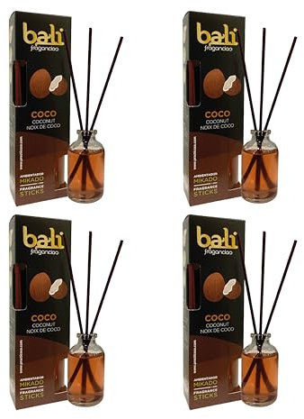 Pack de 4 Bali fragancias Ambientador Mikado COCO Difusor con varillas de ratán para tu salón, comedor o cualquier estancia de tu hogar, fragancias seleccionadas, Aromaterapia, Perfumado (30 ml)