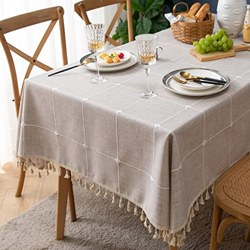 Bestickte rechteckige Tischdecke Kariert Rustikal Knitterfrei Stoff Tischdecke für Küche Essen Party Urlaub, Braun kariert, 140 x 180 cm