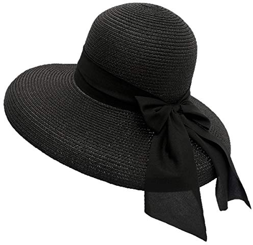 Qchomee Women Wide Brim Straw Hat Ladies Panama Church Derby Cap Sun with Bow Bucket Summer Trilby Travel Beach Classic Flat Fedora for Wedding Party Talent Show Performance Black