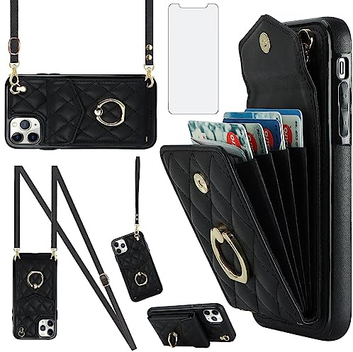 Asuwish Phone Case for iPhone 11 Pro Max 6.5 Wallet Cover with Tempered Glass Screen Protector and Crossbody Wrist Strap Ring RFID Blocking Card Holder Cell iPhone11 11pro Promax i XI Plus Women Black