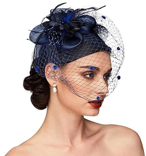 Pillbox Hut Damen Mesh Kopfschmuck mit Blumen Federn Haarschmuck Organza Clip Fascinator Hut Vintage 1950er Hochzeitshut Elegant Brautschmuck Haarspange für Mädchen Cocktail Tee Partys Dunkelblau