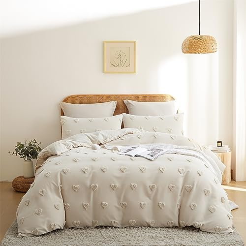 Freyamy Herz Bettwäsche 135x200 2teilig Romantisch Beige Khaki Bettwäsche Getuftet Tufting Bohemian Bettwäsche-Sets Weich Warm Gewaschene Mikrofaser Bettbezug mit Reißverschluss + Kissenbezüge 80x80