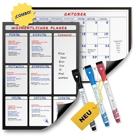 Previs Pack Magnetischer Monatsplaner + Magnetischer Wochenplaner für Kühlschrank und Schreibtisch - Organizer mit Magnet - Jorn Adaplaner, Shopping, Rutina, Studio, Arbeit