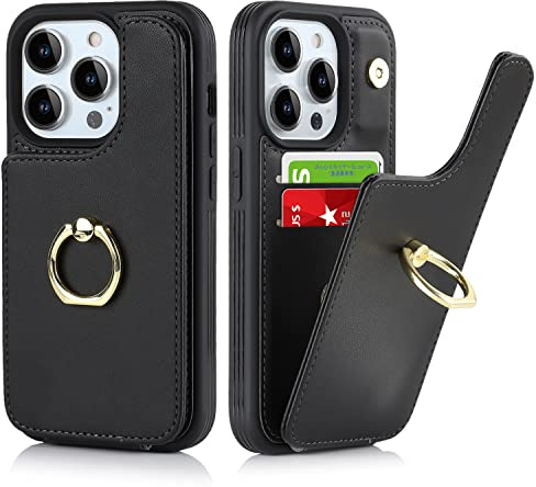 SailorTech für iPhone 14 Pro Max Handyhülle mit Kreditkartenhalter für Frauen, iPhone 14 Pro Max Hülle Ring-Ständer Kartenschlitze Standfunktion Modische Tasche für Männer - Schwarz