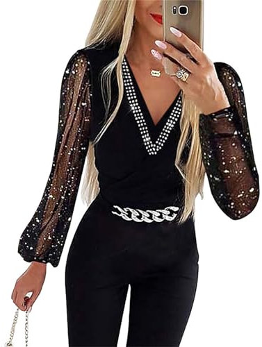 callmo Jumpsuit Damen Elegant Damen Jumpsuit Elegant Langarm V Ausschnitt Lang Overall Hosenanzug Breites Bein Romper mit Gürtel Glitzer Party Abendmode