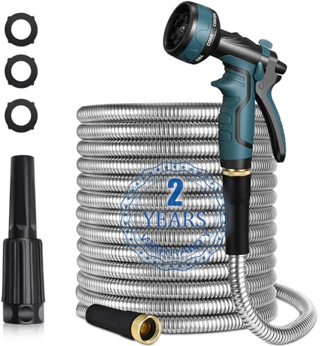 Gartenschlauch, Metall-Wasserschlauch, 15 m, robuster Schlauch mit 8 Funktionen, Schlauchtülle für Hof, Rasen, rostfrei, durchstichfrei, knickfrei, leicht, langlebig, Outdoor-Gartenschlauch aus