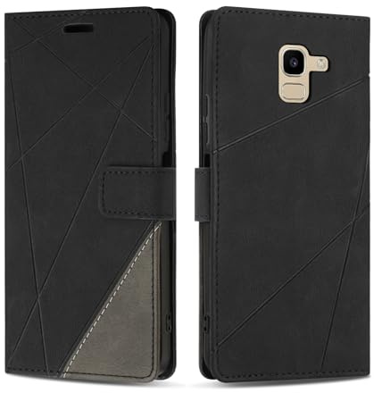 SONWO Handyhülle für Samsung Galaxy J6 2018 Hülle, Premium PU Leder Handyhülle Wallet Silikon Schutzhülle Klapphülle für Samsung J6 2018, Schwarz