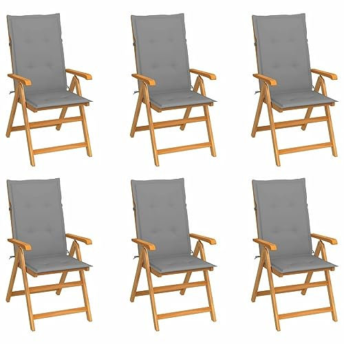 Gecheer 6X Teak Massiv Gartenstuhl mit Grauen Kissen Klappbar Hochlehner Klappstuhl Gartensessel Holzstuhl Stuhl Stühle Gartenstühle 57 x 71,5 x 109 cm,Stuhls In 7 Positionen verstellbar