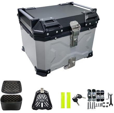 Motorradkoffer Topcase Schwarz 45-100 L Abschließbar, Fahrradkoffer Für Alle Gepäckträger, Inkl. Befestigungsmaterialien, Diebstahlsichere Befestigung, Touring Tresor(Color:Silver with backrest,Size:4