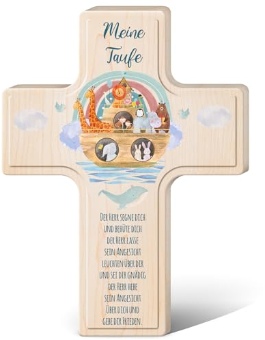 GRAVURZEILE Cruz infantil personalizada para bautismo, comunión y confirmación, diseño de arca, cruz de madera para niños personalizados con texto, regalos personalizados para niños y niñas, color