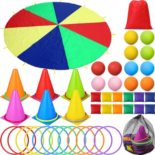 VercanMonth 43 Pcs 3 in 1 Summer Outdoor Games Combo Set, 6 Plastic Cones, 12 Rings, 12 Bean Bags, 12 Plastic Balls, 10ft Play Parachute, Backyard BBQ Party Supplies, Family Reunion Field Day Activity