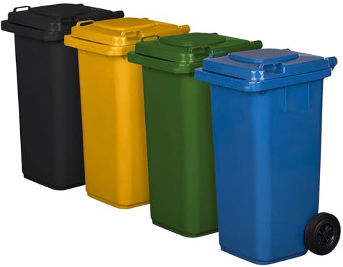 Juego de 4 cubos de basura para basura PN-EN 840, de 120 litros, con ruedas, sistema de enganche para extracción mecánica, de plástico, negro, amarillo, verde, azul