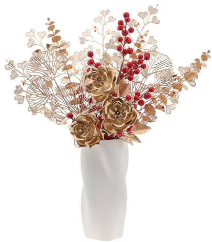 Quancru 11 Pezzi Oro Artificiale Eucalipto Gambi Ginkgo Foglie Rose Fiore Simulato Bacche Rami fai da te Bouquet Pianta Decor Natale Party Tabella