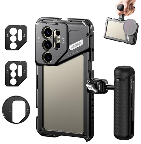 NEEWER S24 Ultra Phone Cage Stabilizer with Clamp On Bluetooth Side Handle, 67mm Filter Adapter, 17mm Lens Backplate, T Mount Lens Adapter Compatible with Moment T Series Lenses, PA042+PA005E