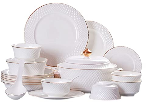 HSOYGE Juegos de vajilla Juego de Platos,Juego de vajilla de cerámica,Juego de 60 Piezas de Porcelana Blanca,Juego de Platos y tazones de Cocina Personalizados