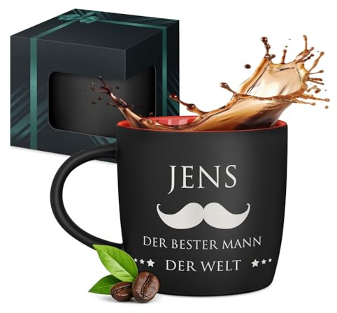 Maverton schwarzer Keramik Kaffeebecher 400ml mit Gravur, Kaffeetasse | Kaffeebecher aus Matt Keramik mit Henkel, Trinkbecher für Männer zum Geburtstag zu Weihnachten, matt schwarz, Innen rot, Mann