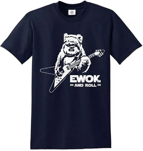 Ewok and Roll Guitar T-Shirt Funny Rock Music Joke Rude Novelty Gift Top Tee (Navy White Print, L)