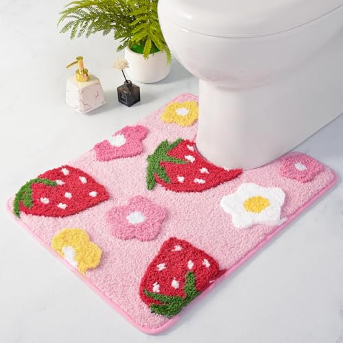 Anybar U-Shaped Toilet Rug 20x20'' - Super Soft Absorbent Bathroom Mat with Cute Strawberry & Flower Design, Non-Slip Quick-Dry Washable Contour Rug for Toilet, Bath Mats for Bathroom Decor（Pink）