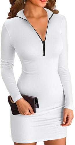ELFIN Damen Bodycon Kleid Gerippt Langarm Minikleid Reissverschluss Stehkragen Kurz Sport Kleider Herbst Freizeitkleider (S, Weiß)