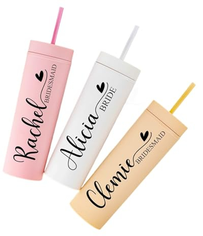 Vaso personalizado mate de 16 onzas con pajilla, taza de agua para novia y novio, vaso acrílico delgado personalizado, regalo de fiesta de dama de honor, vasos personalizados con tapas y pajitas (4