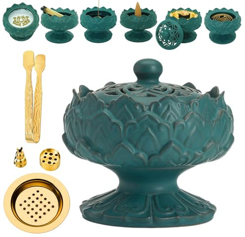 Brûleur d'encens en céramique pour encens, bakhour, charbon, bâton, poudre, cône, bobine et tour d'encens – Accessoires pour la méditation et l'aromathérapie avec pince à épiler