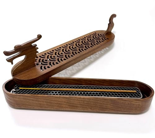 Moocervi Bruciatore di incenso a forma di drago, porta incenso a forma di barca, porta incenso in legno per bastoncini, per ceneri di sangue, decorazione per la stanza della meditazione (scatola di