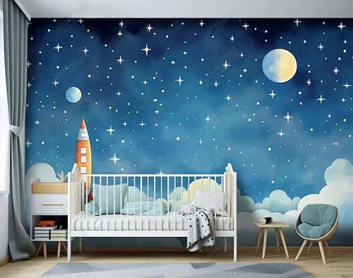 Fototapete 3D Effekt Tapete Cartoon Kinder Wolken Sterne Nachthimmel Vliestapeten Tapete Schlafzimmer Wohnzimmer Fototapete 3D Tapete 250Cm(B) X175Cm(H)