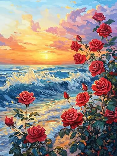 MOMAKA 5D Diamond Painting Kits Rose,DIY Diamant Malerei Full Drill Set Sonnenuntergang Am Meer , Runde Diamant Arts Craft Cross Stickerei Malerei Kits für die Home Wanddekoration 30x40cm-89