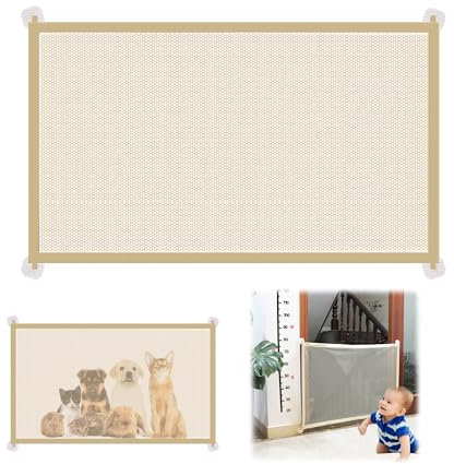 Barrera de Puerta de Escalera para Perros, Barrera Seguridad Perros para Niños Sin Taladrar Barreras para Mascotas, Perros y Gatos con 4 Ganchos Adhesivos, 110 X 72cm, Beige