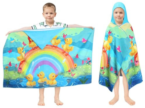 decalsweet Badeponcho Kinder 100% Baumwolle Kapuzen-Babybadetuch, Groß Weich und Saugfähig Kinderhandtuch, Badetücher Handtuch Kapuze Strandtücher für Jungen und Mädchen, 76x 127 cm (Regenbogen-Ente)