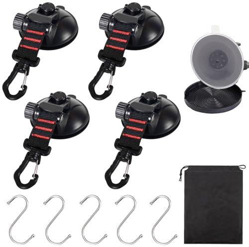 4 Stücke Saugnapf Haken Camping, Saugnapf Anker mit 5 S-Haken Gurthaken Samtsäckchen, Saughaken Extra Stark mit Staubdichte Kappe für Auto Seitige Markisen Zelte Camping Planen Zubehör