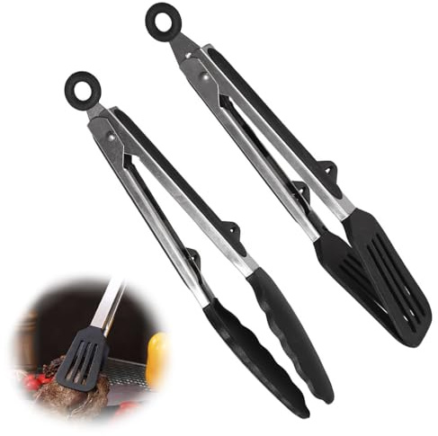 Silicone Kitchen Tongs, 2Pcs Silicone Tongs, Hot Proof Cooking Tong | Stainless Steel Non-Slip Handle for Frying Cooking Serving(9 inch)