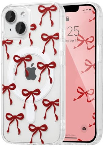 UEEBAI Bow Case for iPhone 14 Plus/15 Plus with Magsafe Cover,Burgundy | Built-in Magnets, Cute Slim Clear Aesthetic Pattern Pretty Phone Case for Women Girl Kid, Anti-Yellowing Translucent Cover