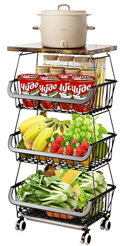 OHMG Drahtkörbe mit Rollen, stapelbare Aufbewahrungsbehälter, Regal für Küchenorganisator, 4 Ebenen, Obst- und Gemüsewagen, Geschirr, saisonale Regale