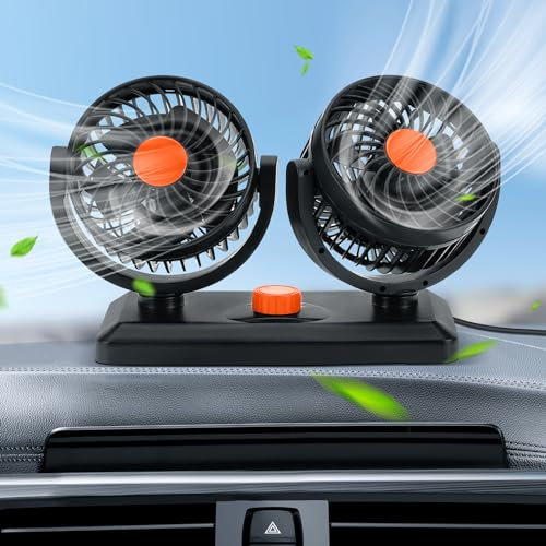Snorthy Ventilateur portable pour voiture, 12 V/24 V Ventilateur à double tête avec 2 vitesses réglable à 360 ° de rotation Ventilateur électrique avec allume-cigare, ventilateur pour voiture, camion