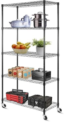 WUDLEP 180 X 91 X 35 cm Storage Shelves, 5 tier Wire Shelving Unit with Wheels Heavy Duty Metal Shelves for Adjustable Garage Storage Rack Pantry Shelf Commercial Shelving, Black